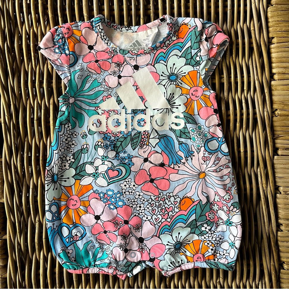 Adidas Baby Girl 9M Bright Floral One Piece Short Sleeve Romper Snap Closure
